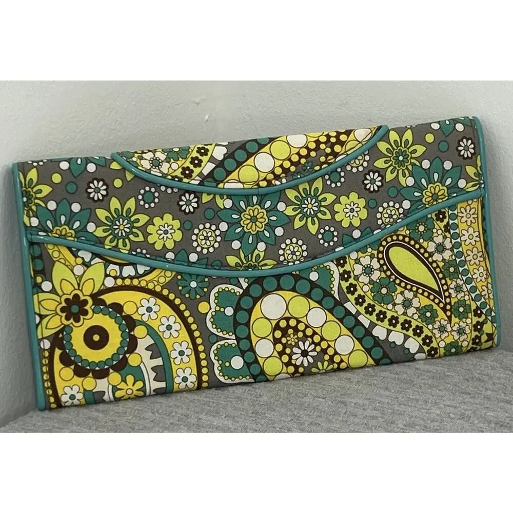 Vera Bradley Travel Wallet Clutch Organizer Teal Yellow Floral Paisley Case